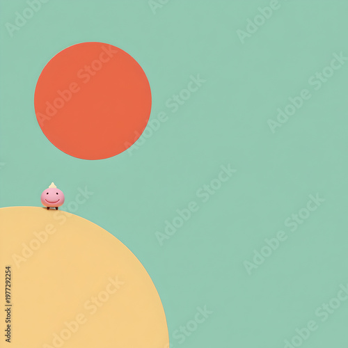 Small Pink Character Standing On Yellow Hill With Red Circle And Teal Background