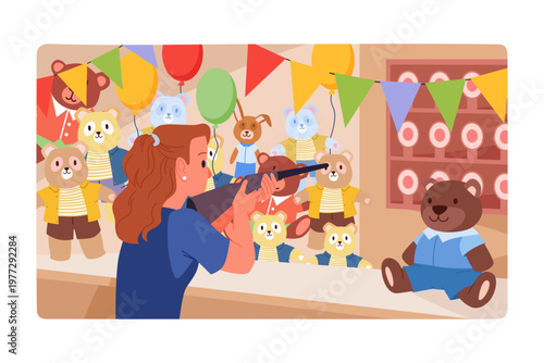 Female aiming at targets in a carnival shooting gallery surrounded by plush toys, balloons, and colorful flags, capturing a fun fairground moment vector illustration