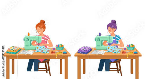 Two women cheerfully sewing colorful fabrics at adjacent work tables