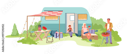 Family enjoying summer barbecue near camping trailer with picnic table, grill, and watermelon, relaxing outdoors in nature, isolated on white background vector illustration