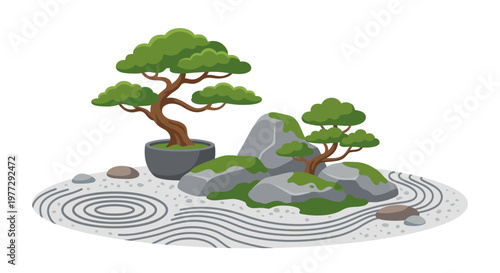 A serene japanese zen garden with bonsai rocks and raked sand