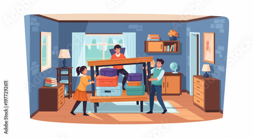 Family Assembling Furniture in Living Room.