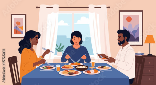 Family Gathering Around Dining Table Together.