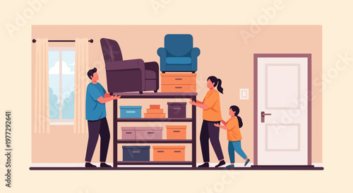 Family Moving House with Furniture and Boxes.