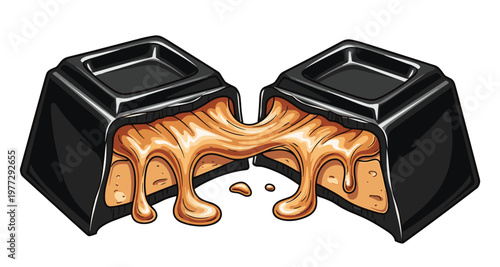 Gourmet dark chocolate candy vector with creamy caramel filling leaking inside.