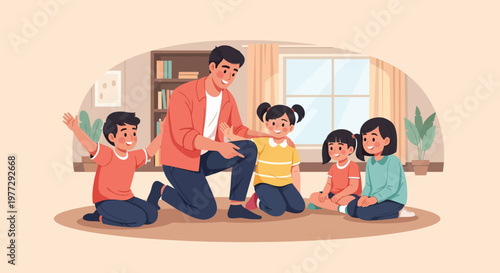 Father and Children Sitting Together on Floor.