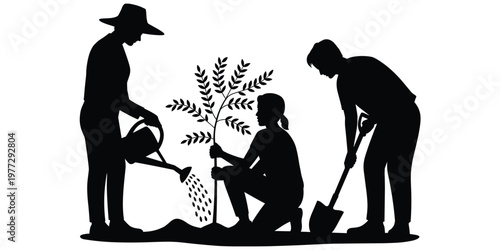 Tree planting teamwork silhouette illustration, environmental care growth artwork, sustainability nature design concept, community eco‑friendly activity scene, flat vector illustration