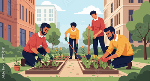 Group of People Gardening Together Outdoors.