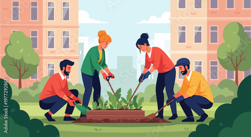 Group of People Gardening Together Outdoors.