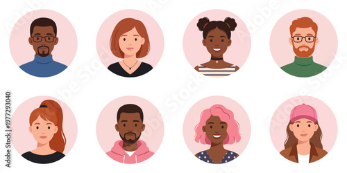 Diverse people avatar collection featuring young men and women in circle frames | Flat vector character icons for social media and business profiles