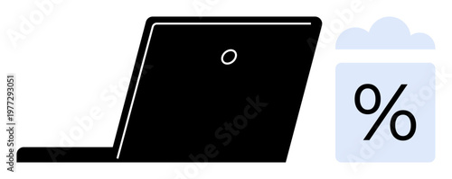 Cloud storage, digital data, online backup, computing efficiency, technology services, modern connectivity. A laptop next to a cloud and percentage icon. Cloud storage and digital data concept