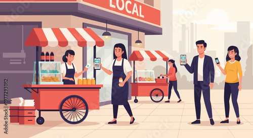 Illustration of People Near Food Cart.