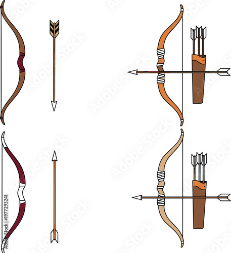 Bow and Arrow Weapon Illustration Set with Archery Equipment for Hunting Sport and Medieval Fantasy Design Collection