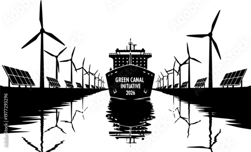 Green Canal Renewable Energy Silhouette Wind Turbines Solar Power Sustainability Vector