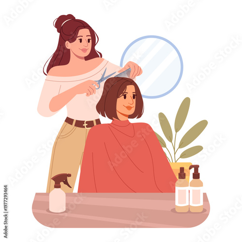 Female Hairdresser Making Haircut Style of Client in Beauty Salon. Flat Vector Illustration Isolated on White Background.