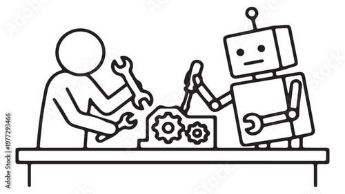 Human and robot collaborator working together fixing machinery on workbench, artificial intelligence partnership concept, line art style.