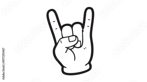 Hand rock and roll gesture with fingers extended in a fun, cartoon style and bold black outlines on a white background.