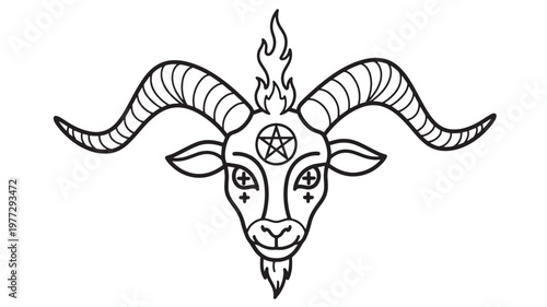 Goat head symbol with pentagram and flames, illustrative design with stark black lines on white background for graphic art.