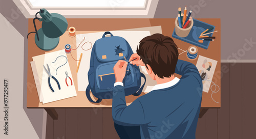 Man Customizing Backpack with Patches and Pins.