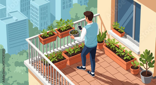 Man Tending to Plants on Balcony.