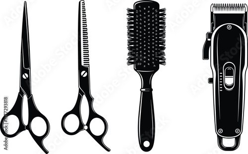 Professional Barber Shop Tool Collection Featuring Hair Clippers Thinning Shears Cutting Scissors and Round Brush Vector Icons for Salon Grooming and Hairdressing Design Concepts
