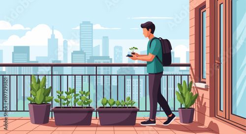 Man Walking on Balcony with Backpack.