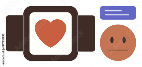 Health monitoring, fitness tracking, wearable technology, personal health, digital health, lifelogging. A smartwatch with a heart icon and a neutral face. Health monitoring and fitness tracking