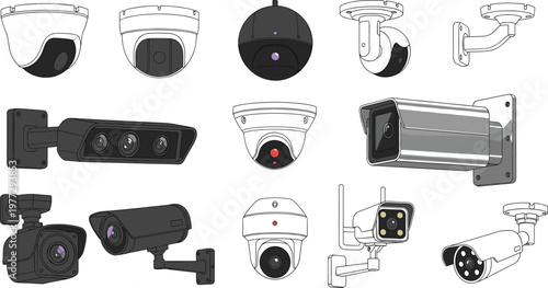Security Camera Icon Set with Various CCTV Surveillance Devices for Monitoring Protection Safety System and Smart Technology Design Collection