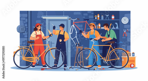 Mechanic Repairing Bicycle in Workshop.