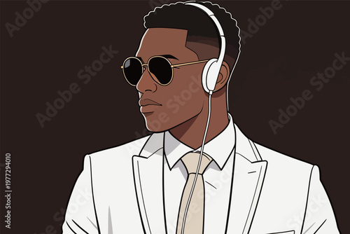 Stylish Man in White Suit with Headphones