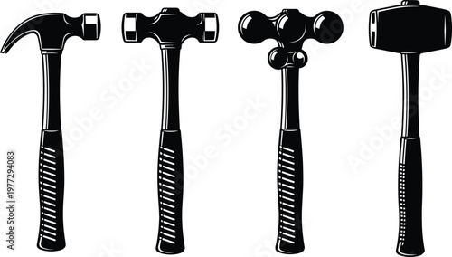 Professional hammer collection featuring claw hammer sledgehammer and specialty metalworking tools in a black and white vector silhouette style isolated on white background.