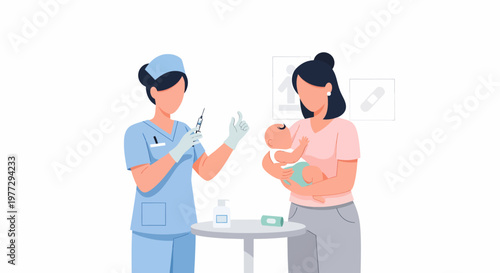 Nurse Preparing Vaccine for Baby Held by Mother.