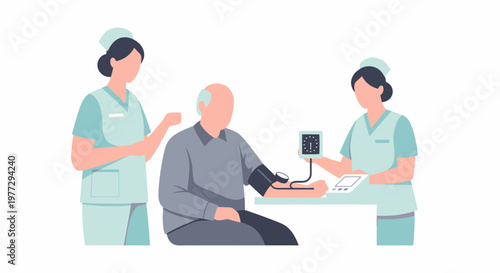 Nurses measuring blood pressure of elderly man.