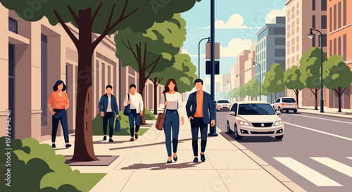 People Walking on City Sidewalk with Trees.