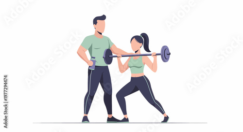 Personal Trainer Guiding Woman Lifting Barbell in Gym.