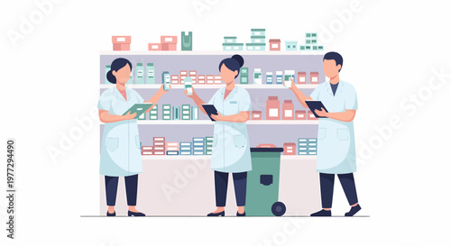 Pharmacists working in a modern pharmacy with shelves of medication.