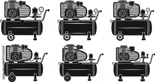 Set of Industrial Air Compressor Silhouettes Featuring Portable Pneumatic Machines with Pressure Gauges and Tanks for Workshop Mechanical Tools and Professional Garage Equipment Graphics
