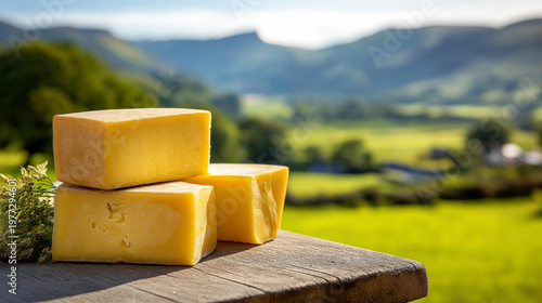 Artisan cheese blocks on a wooden table with green fields and mountains in the background, countryside dairy concept, local food and landscape, artisan produce photography, with