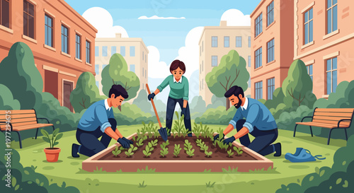 Three Men Gardening in Courtyard Together.