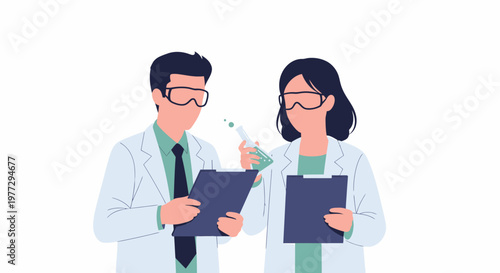 Scientists in lab coats and safety glasses conducting research.