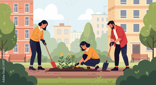 Three People Gardening Together in Park.