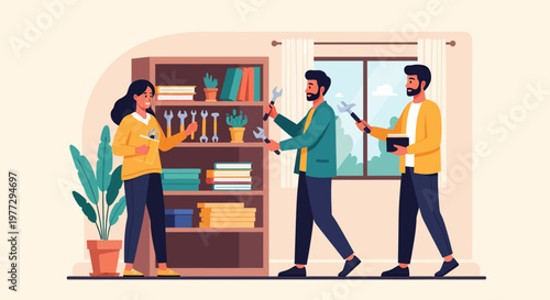 Three People Organizing Books in Library.