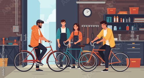 Three People Standing with Bicycles Indoors.