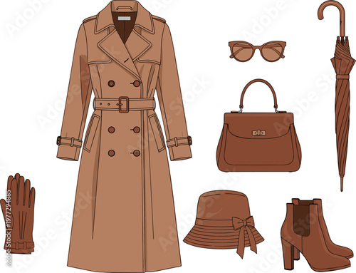 Women Fashion Outfit Illustration Set with Trench Coat Bag Boots Hat Gloves and Accessories for Stylish Autumn Winter Clothing Collection