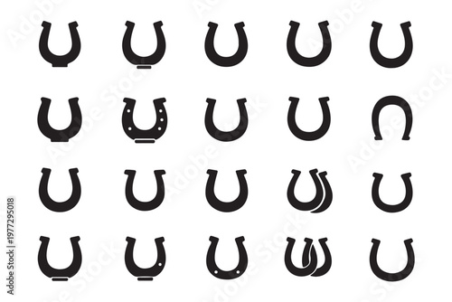 Horseshoe Icon Set – Lucky Symbol, Fortune Charm, Line and Solid Style Collection