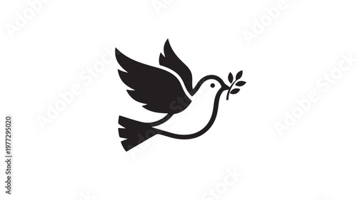 Dove of peace icon with an olive branch in its beak against a white background, symbolizing hope and tranquility.
