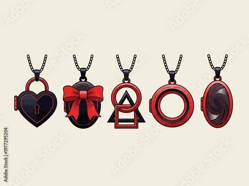 Set of Gothic Locket Pendants with Heart, Bow, and Geometric Designs, Black and Red Victorian Style Jewelry Illustrations for Fashion and Mystery Concepts