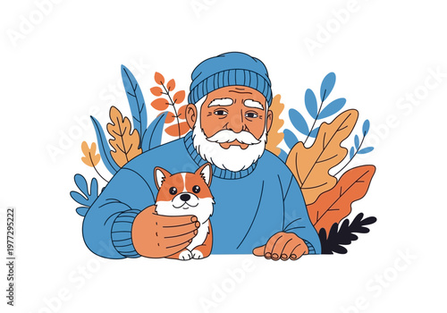 Senior Man with White Beard Holding a Cute Puppy Flat Vector Illustration, Elderly Grandfather with Pet Dog and Autumn Leaves