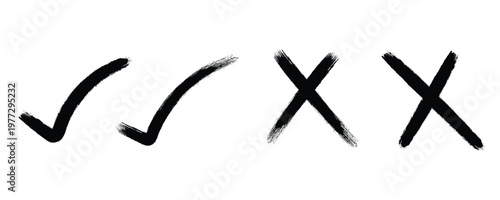  Hand drawn black check mark and cross brush stroke icons for selection