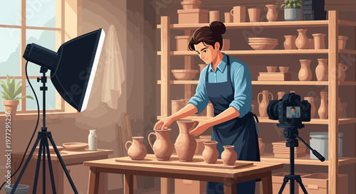 Woman Creating Pottery in Studio Setting.